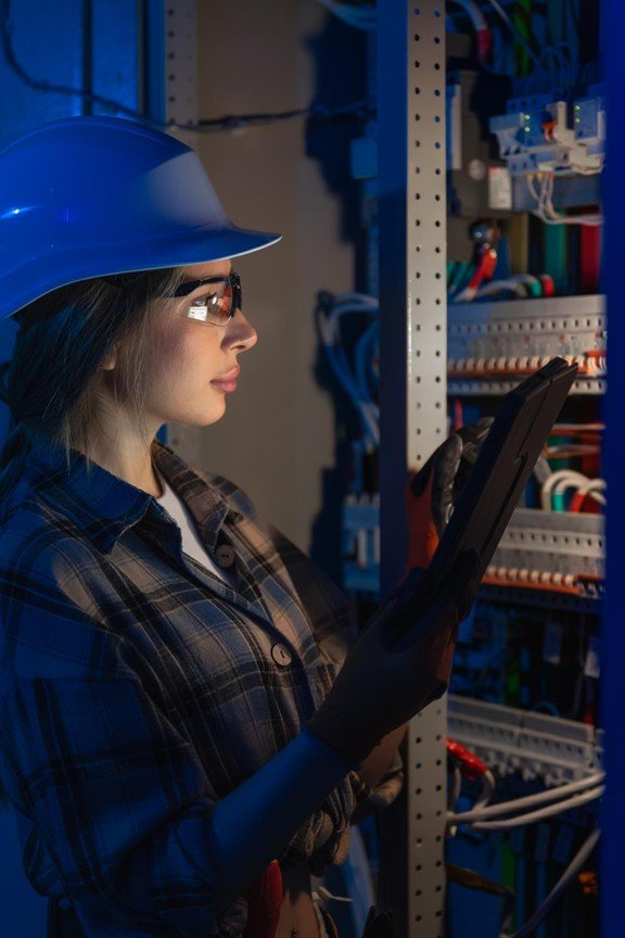 Engineer reviewing low voltage electrical equipment